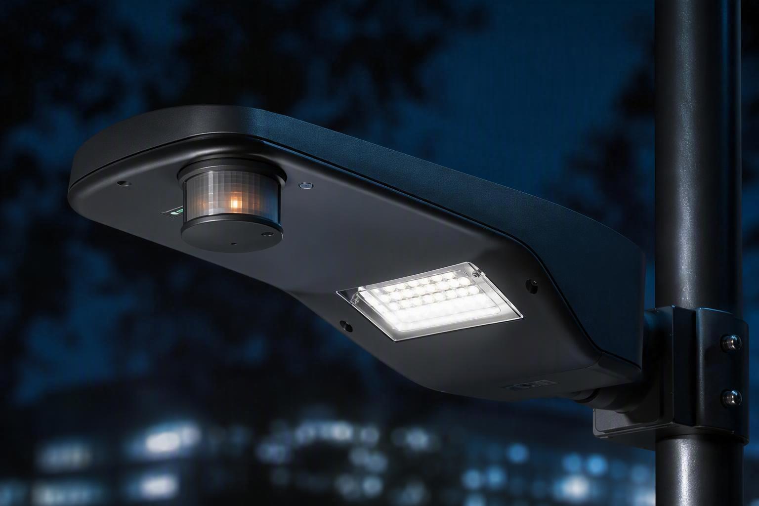 LED street light with integrated sensor and control module at night