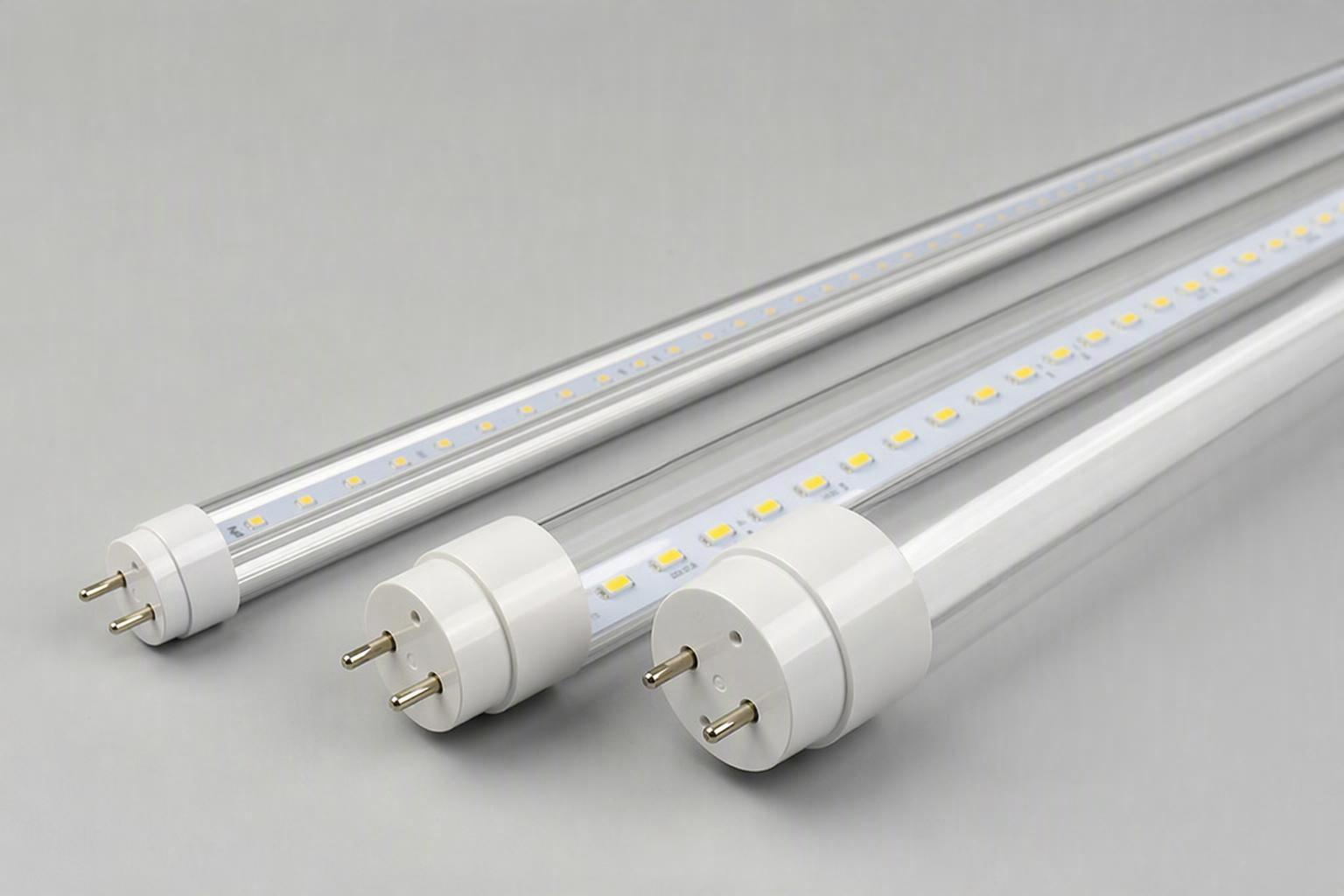 LED tube lights T5 T8 T12 laid out showing different sizes and diameters