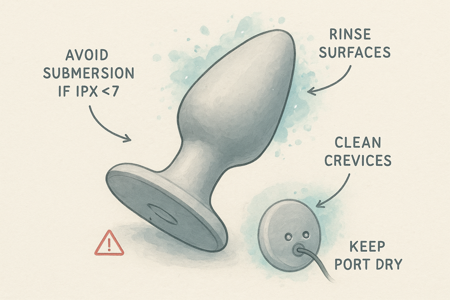 Annotated diagram for beginner vibrating butt plug care highlighting flared base, seams, and charging port areas to protect during cleaning.