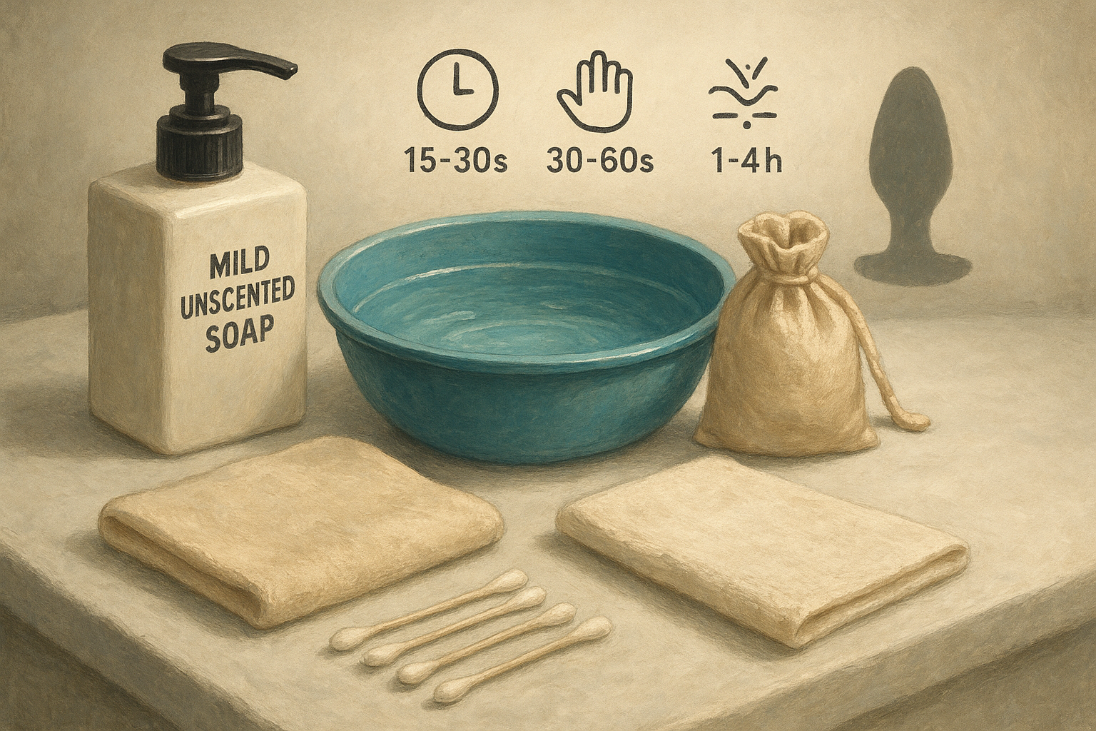 Bathroom counter setup for beginner vibrating butt plug care showing mild soap, water, soft cloth, swabs, towel, and storage pouch with time icons.