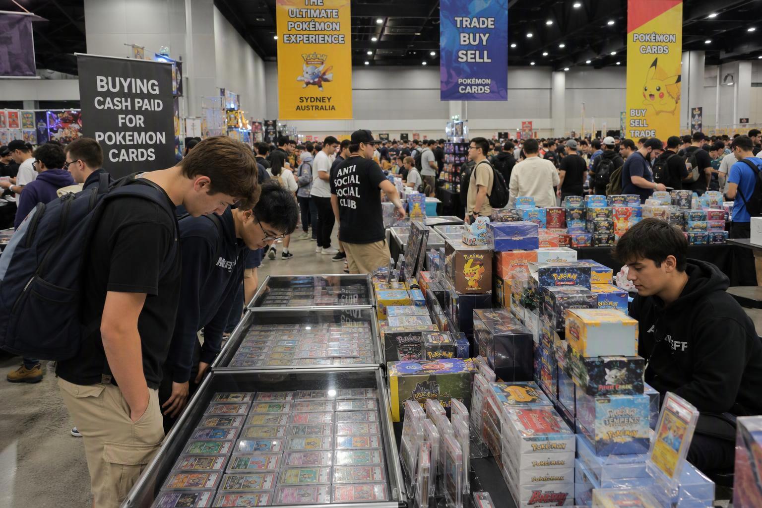Illustrative scene of collectors browsing trading cards and collectibles at a busy indoor expo