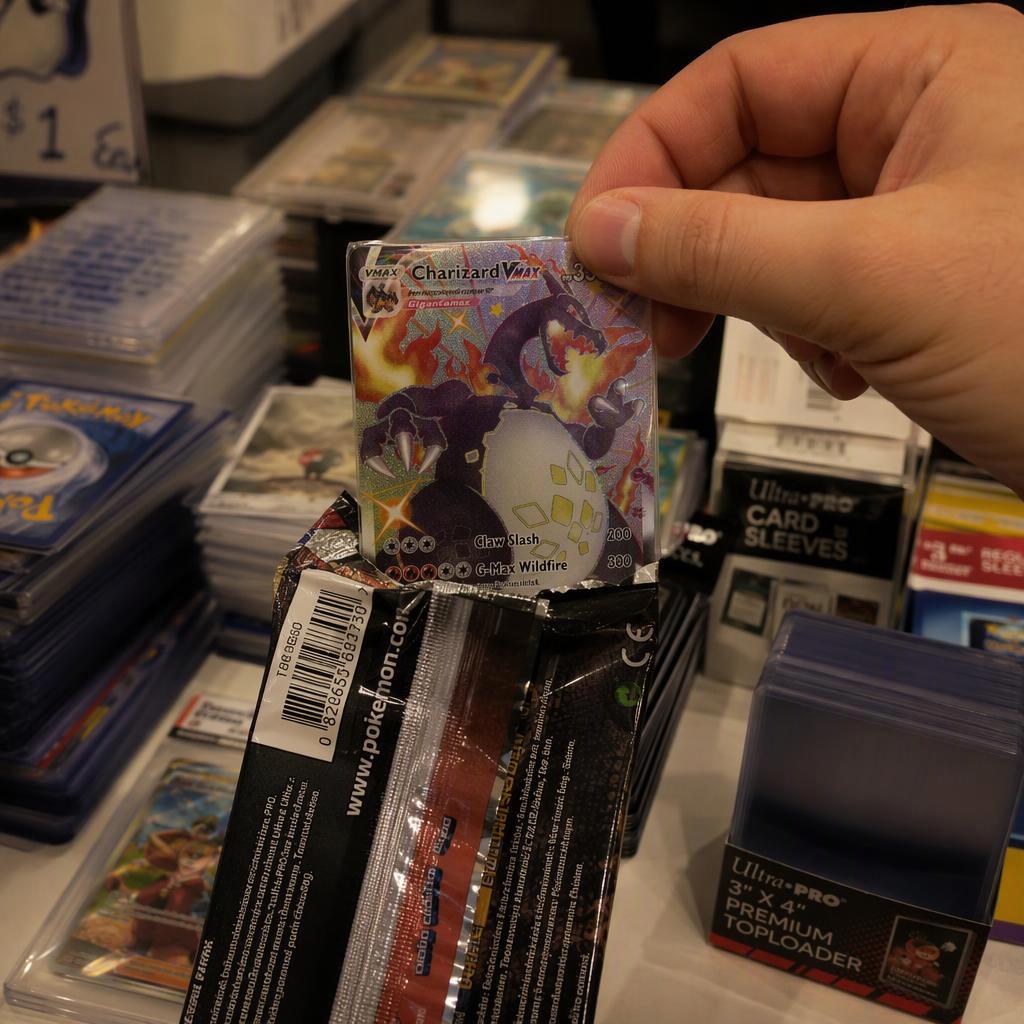 Collector examining trading cards at a card show