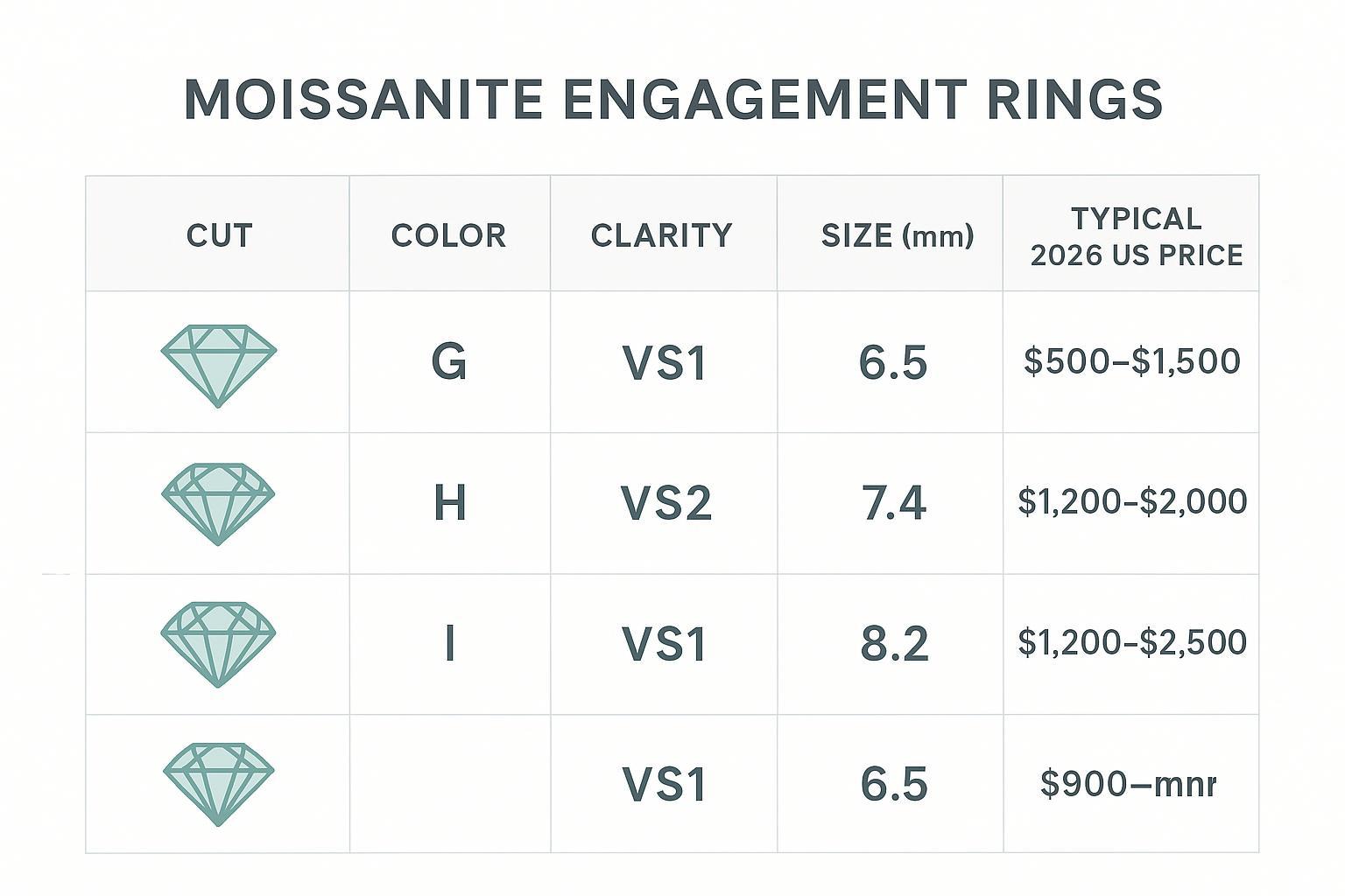 Infographic showing moissanite cut, color, clarity, and mm size equivalents with typical 2026 US price bands for 1–2 ct equivalents