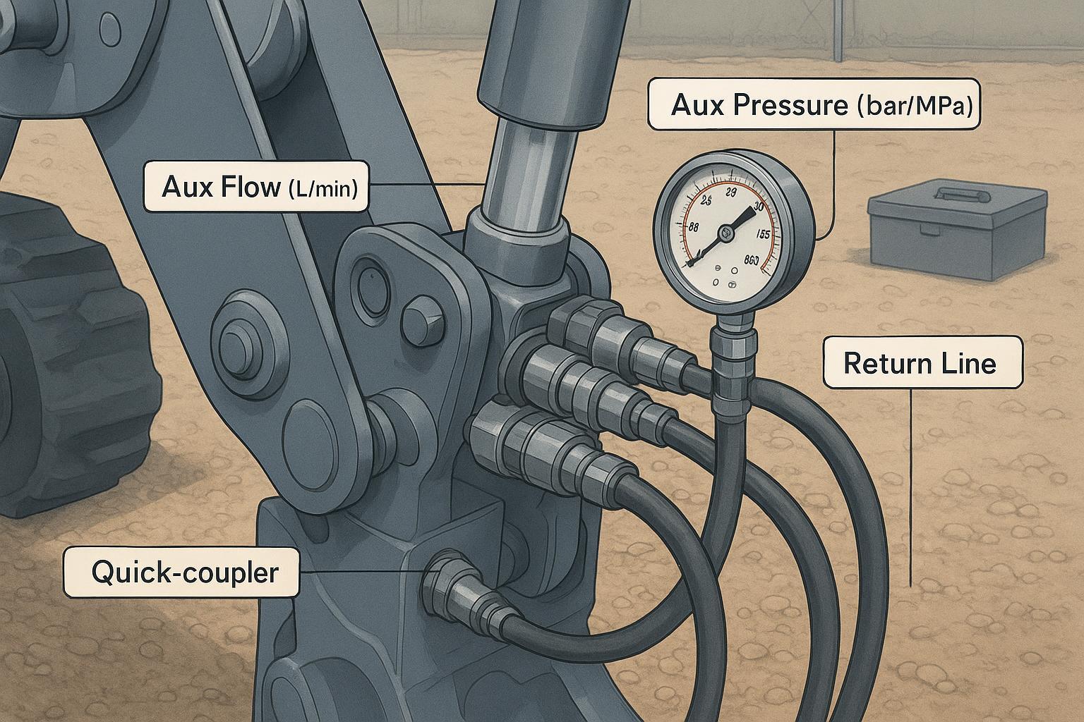 Illustration of mini excavator auxiliary hydraulic test setup with inline flow meter and pressure gauge