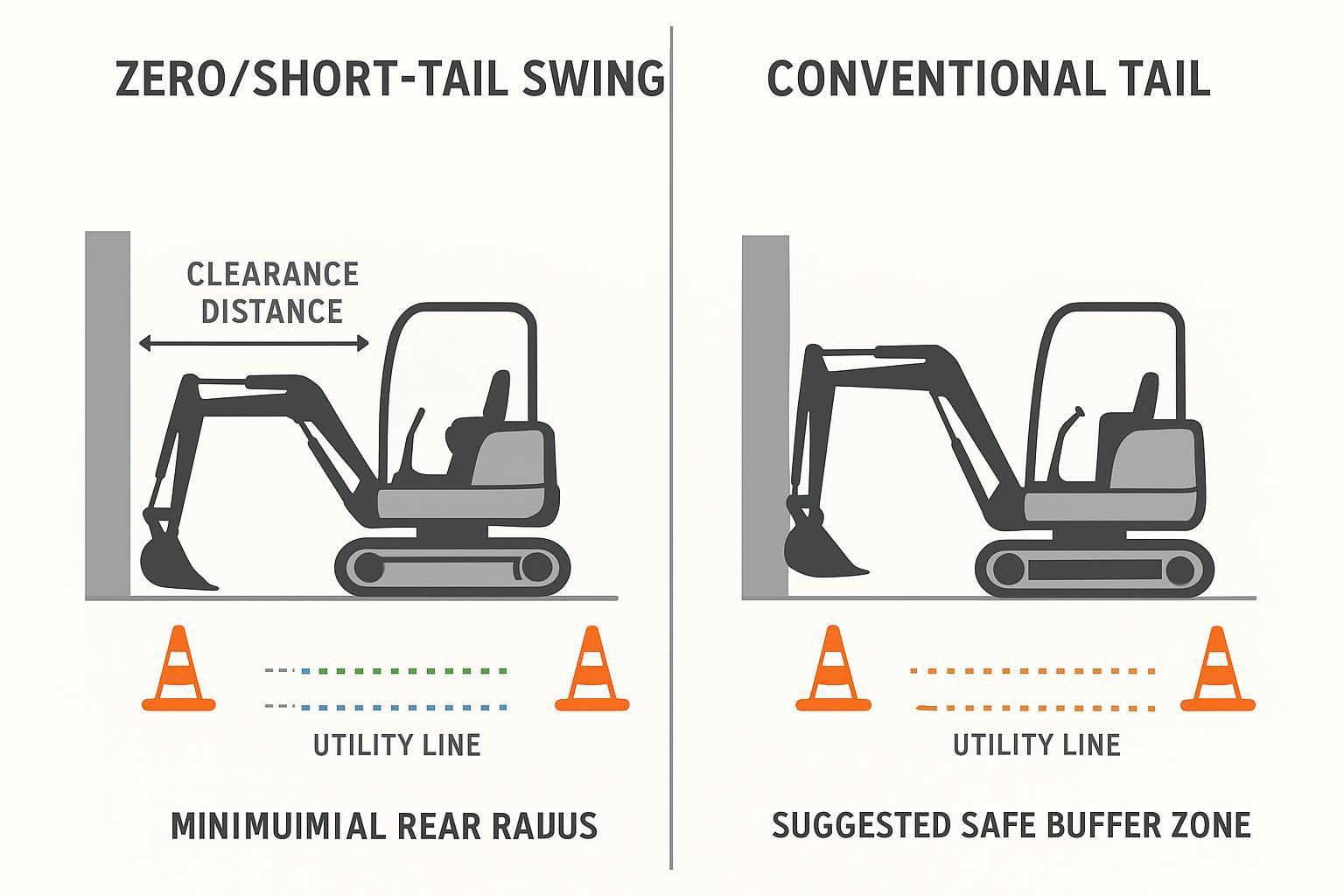 Diagram comparing zero/short-tail versus conventional tail swing clearance for mini excavators