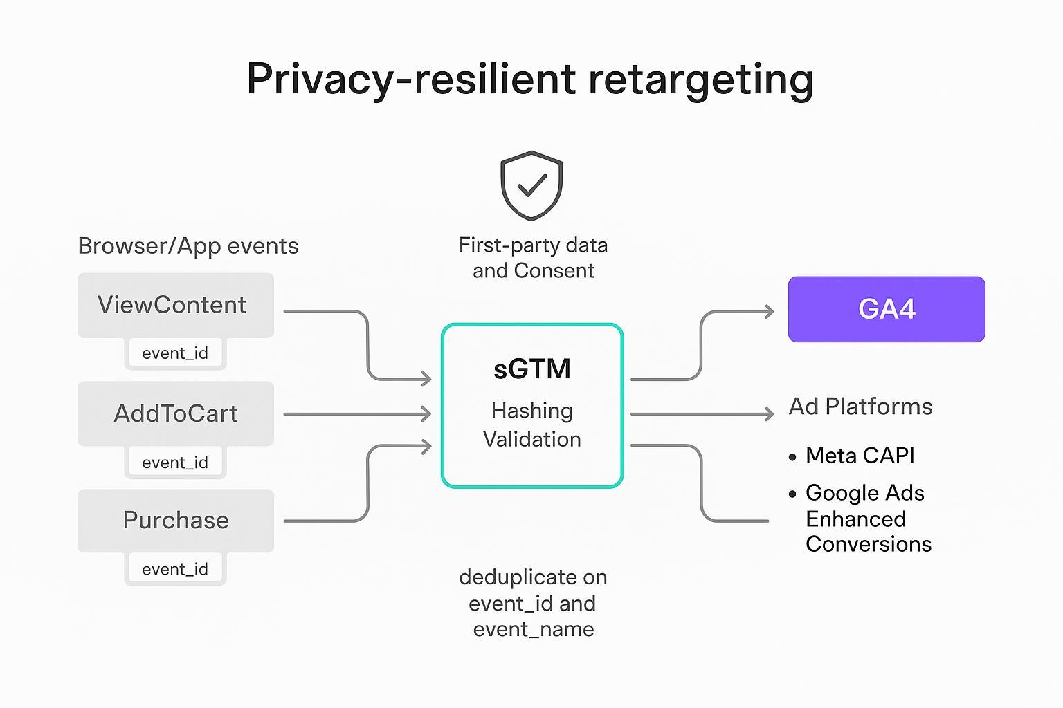Privacy-resilient server-side tracking flow from browser to sGTM to GA4 and ad platforms with dedup keys.