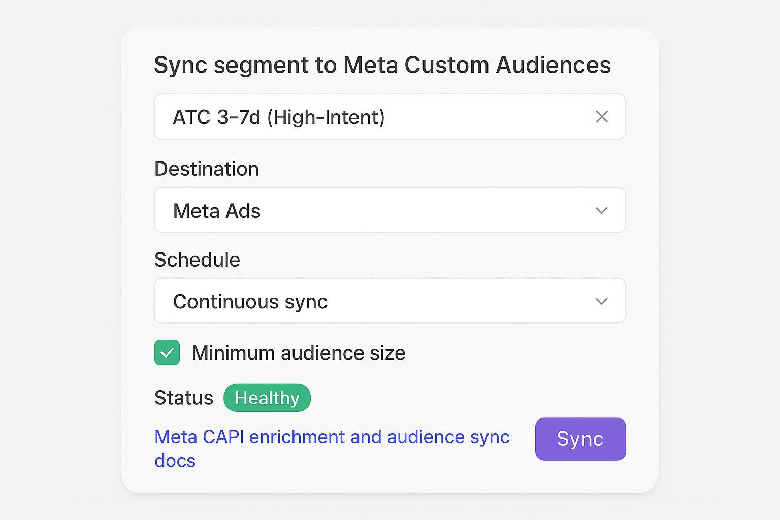 Illustrative UI of a segment syncing workflow to Meta Custom Audiences with continuous sync status.