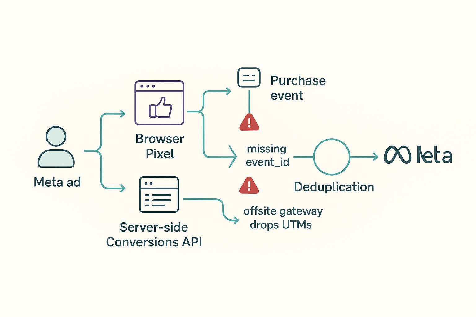Event-flow diagram showing Pixel and CAPI purchase events merging with deduplication and common failure points