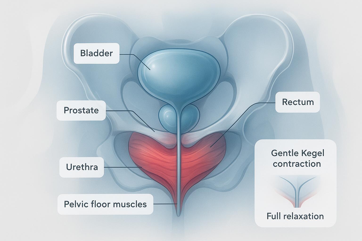 Diagram of male pelvic floor anatomy with prostate and pelvic muscles labeled