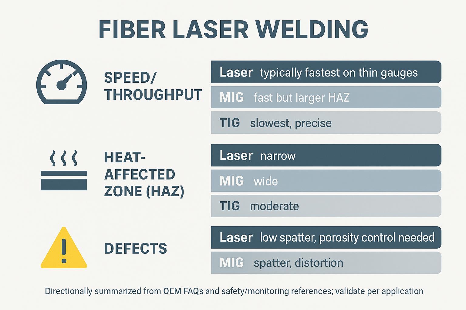 Infographic comparing fiber laser welding, MIG, and TIG on speed, HAZ width, and defect characteristics