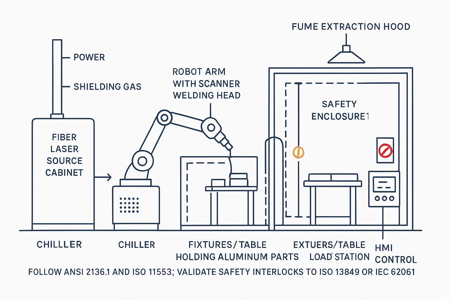 Schematic layout of a fiber laser welding robot cell with scanner head, fixtures, and safety enclosure