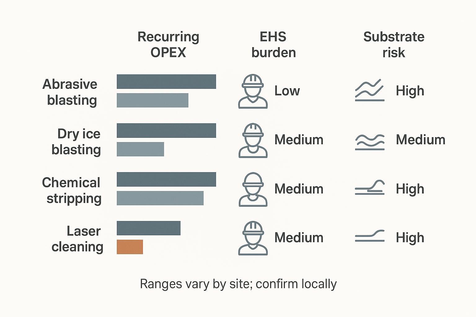 Comparison chart of abrasive blasting, dry ice blasting, chemical stripping, and laser cleaning across OPEX, EHS burden, and substrate risk
