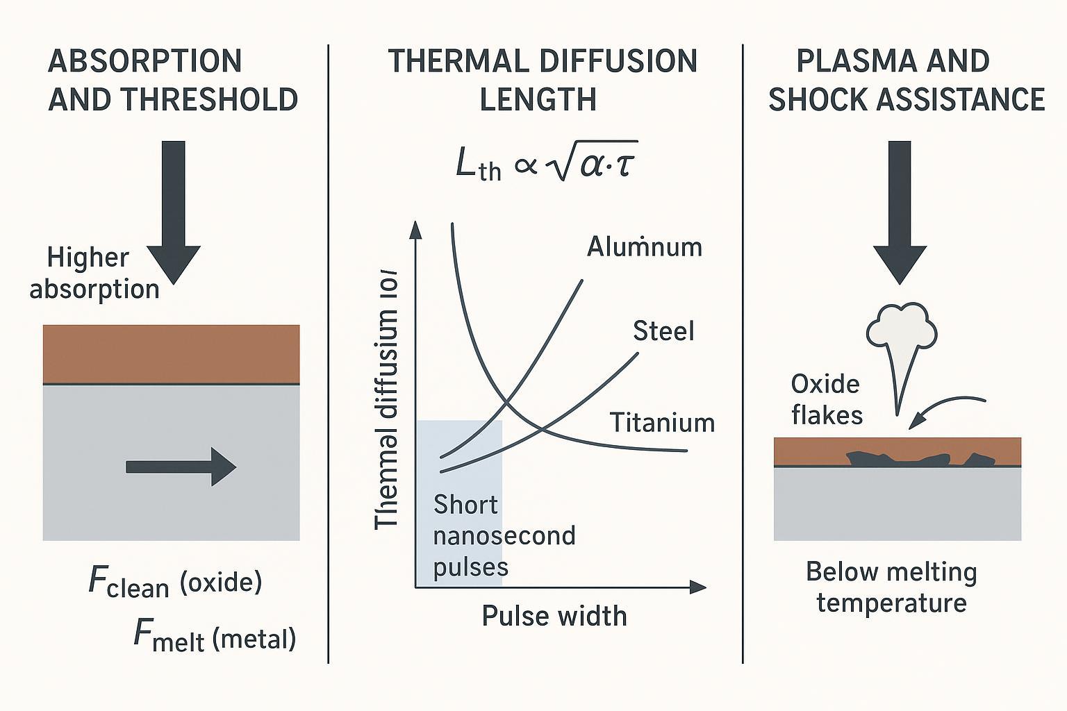 Infographic showing absorption contrast, thresholds, thermal diffusion length, and plasma/shock assistance in pulsed laser cleaning