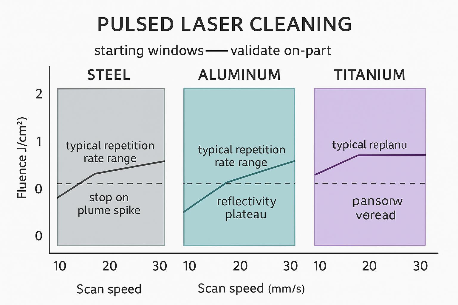 Parameter window chart with indicative fluence and scan-speed ranges for steel, aluminum, and titanium