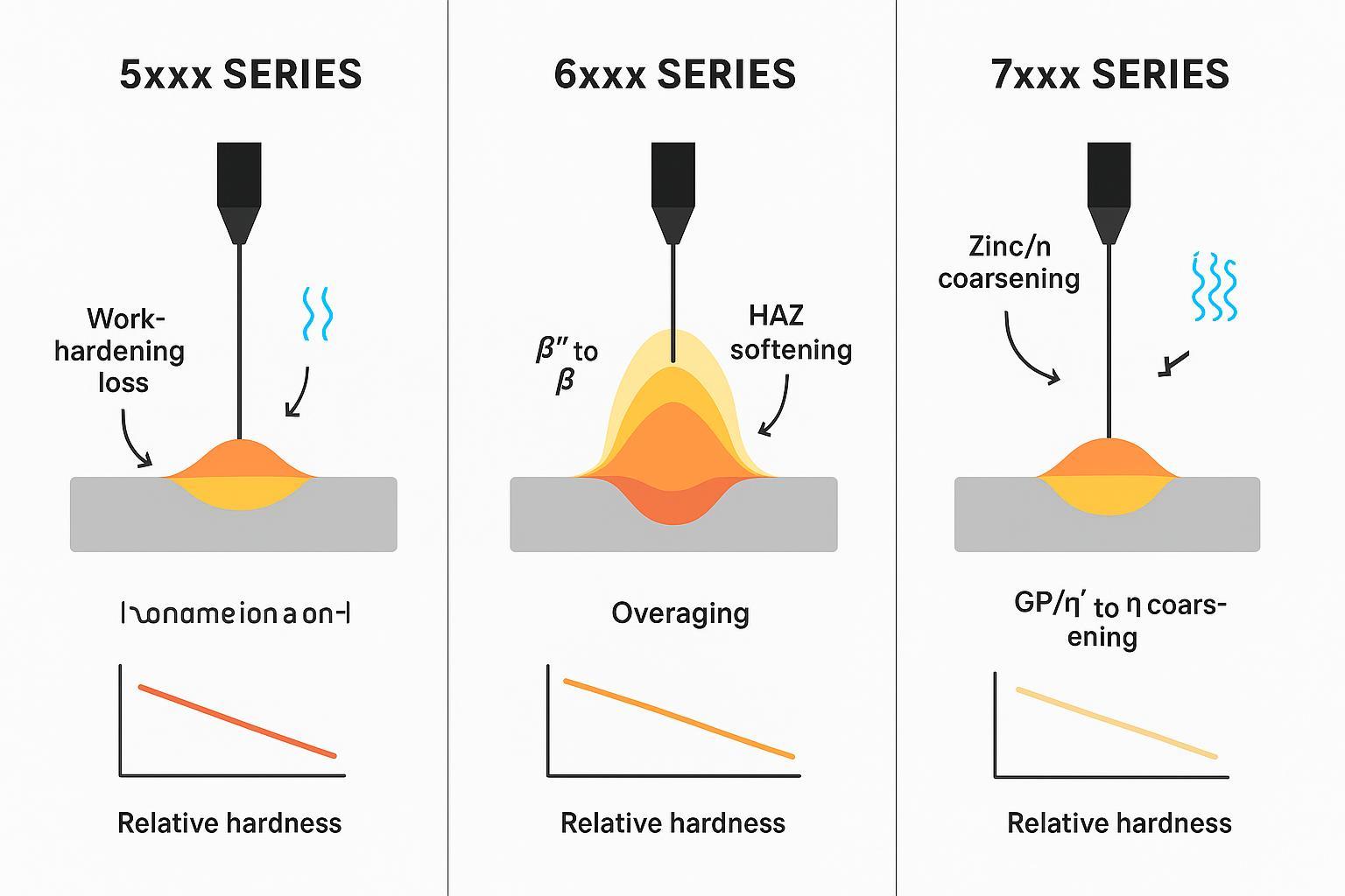 Comparative schematic of 5xxx, 6xxx, and 7xxx aluminum series softening behaviors and expected hardness drops