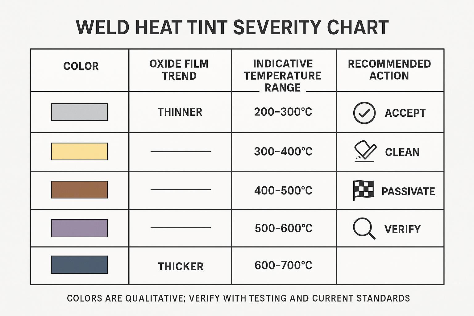 Infographic chart linking weld heat tint colors to oxide thickness trend, indicative temperatures, and recommended actions