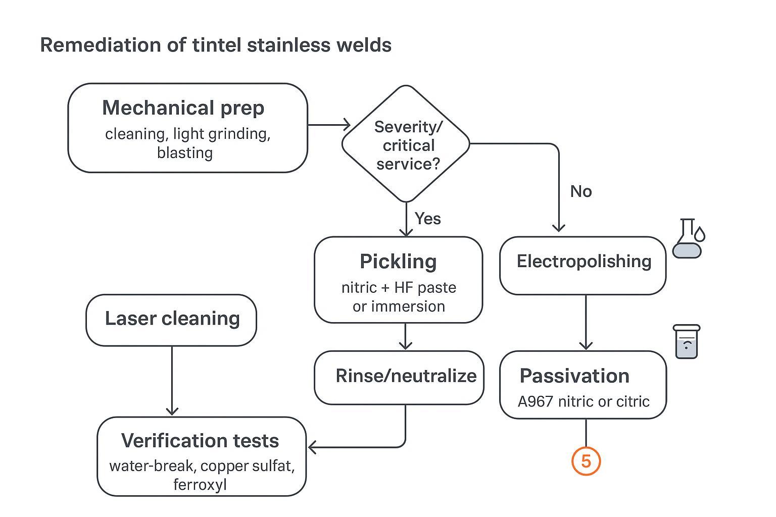 Process flow diagram for cleaning, pickling, passivation, and verification of tinted stainless welds with optional laser cleaning branch