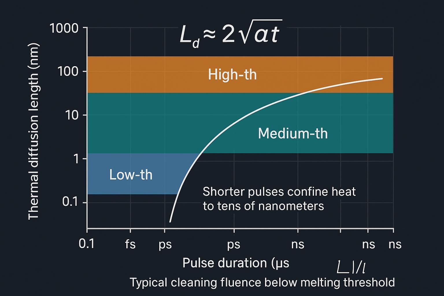 Infographic: thermal diffusion length vs pulse duration (ns/ps/fs) with cleaning fluence below melting