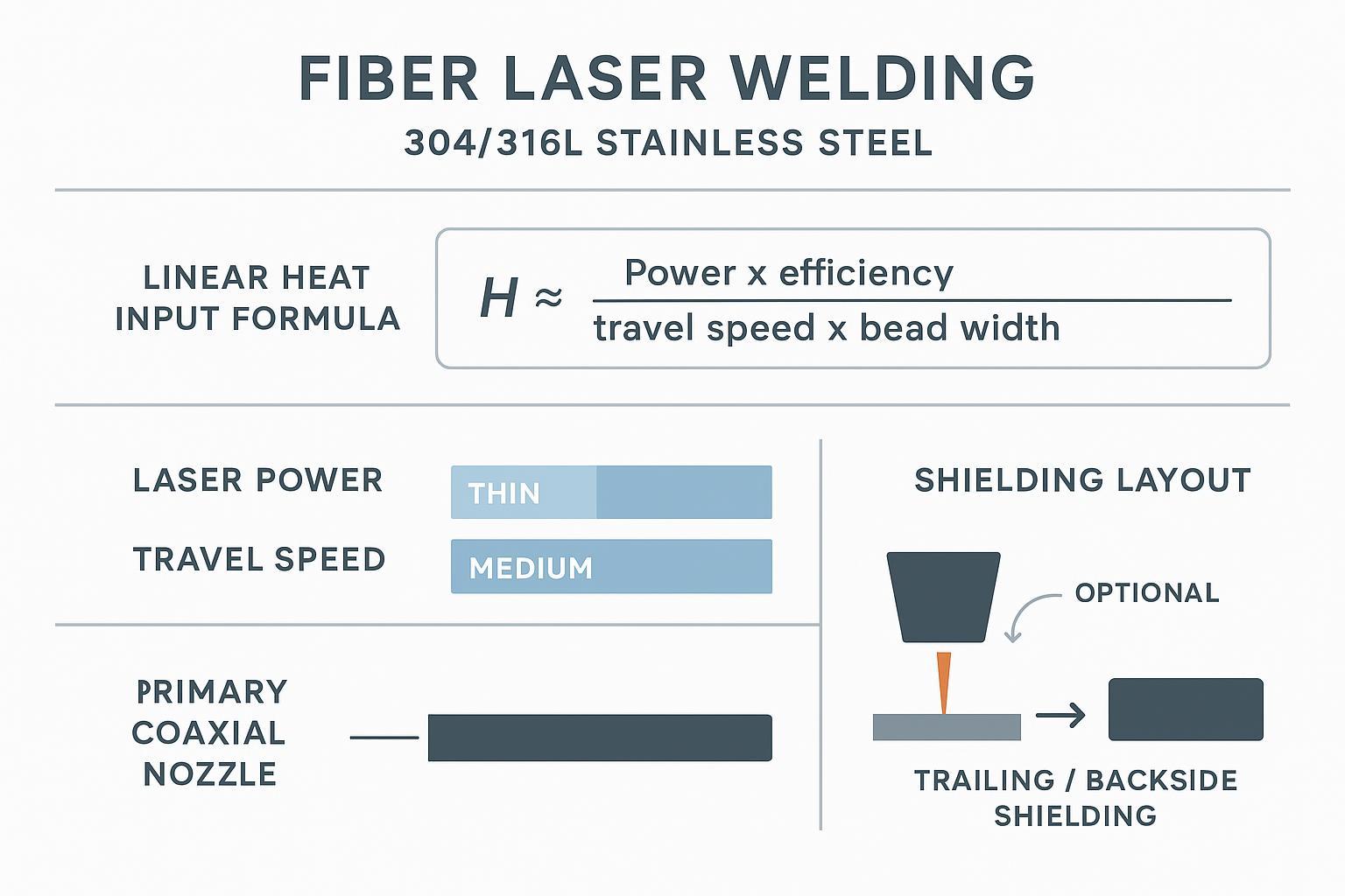 Infographic showing laser welding heat-input concept, qualitative power/speed bands, and shielding layout.