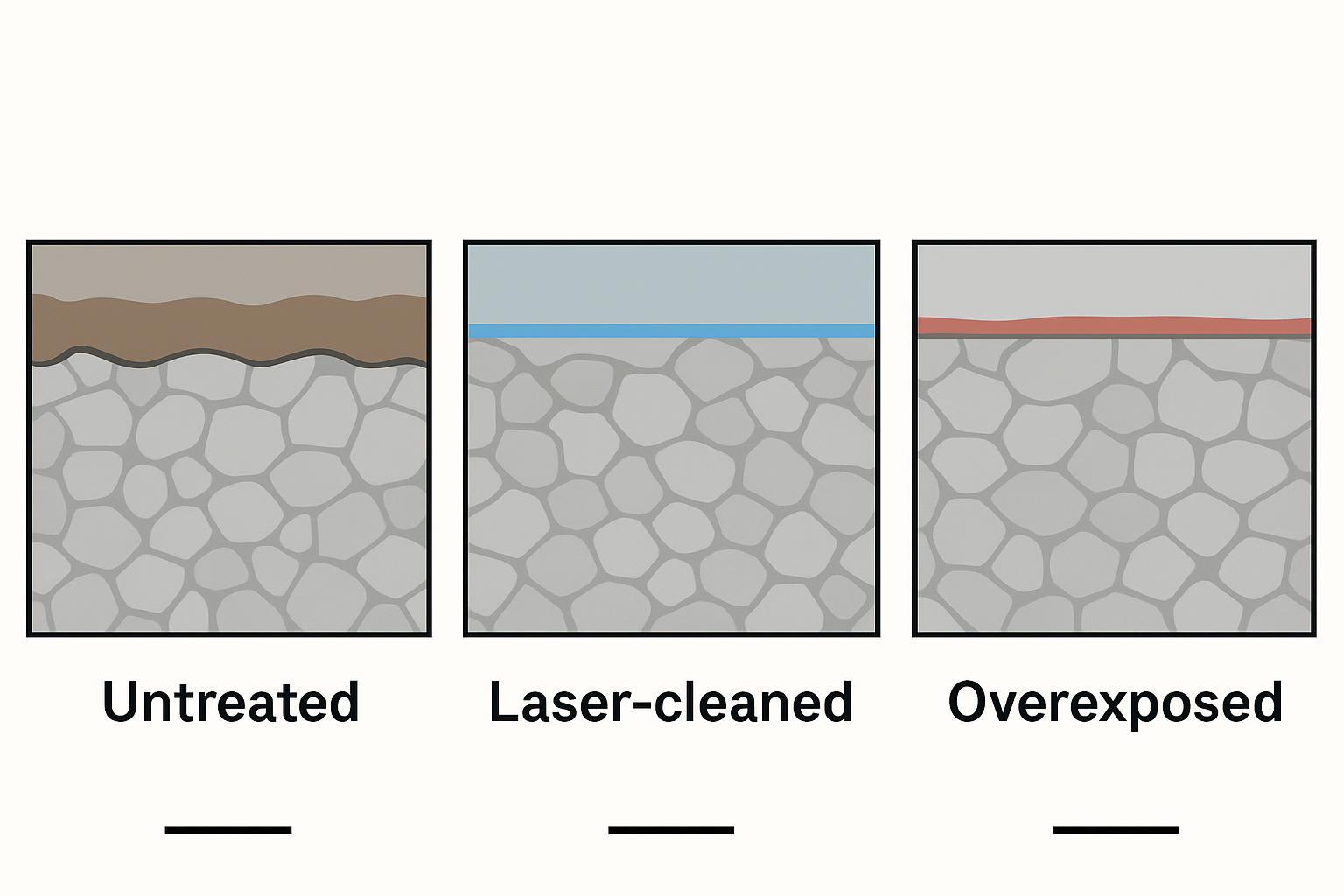 Comparative schematic cross-sections: untreated, properly cleaned (no HAZ), and overexposed (thin rim)