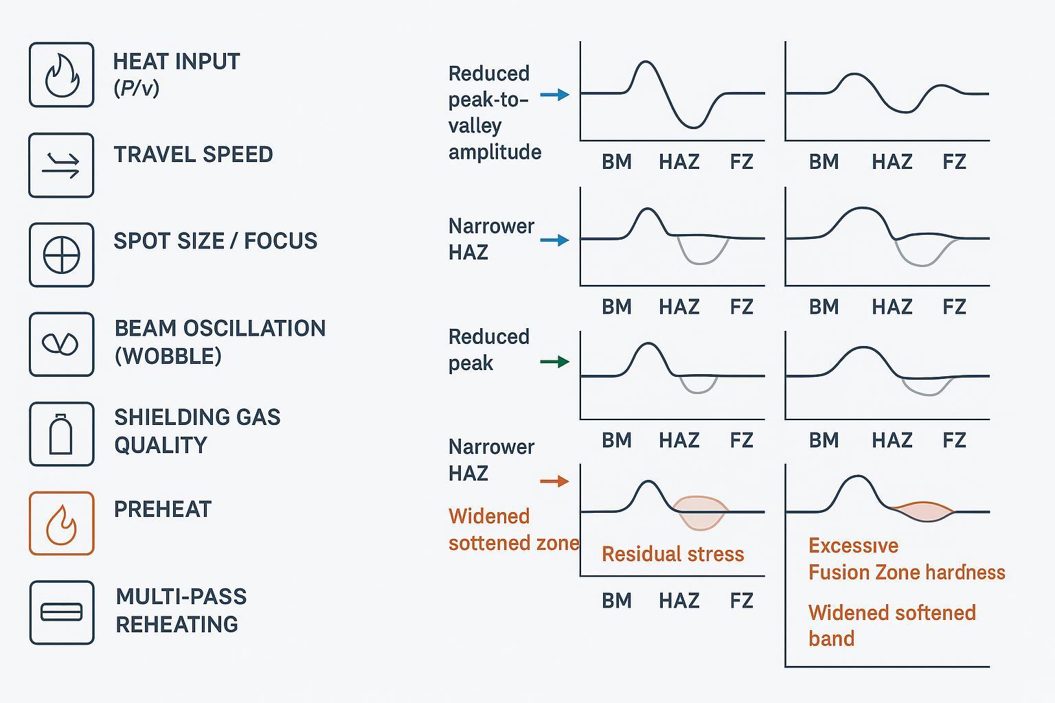 Parameter-to-gradient map linking process settings to expected BM–HAZ–FZ hardness profile changes