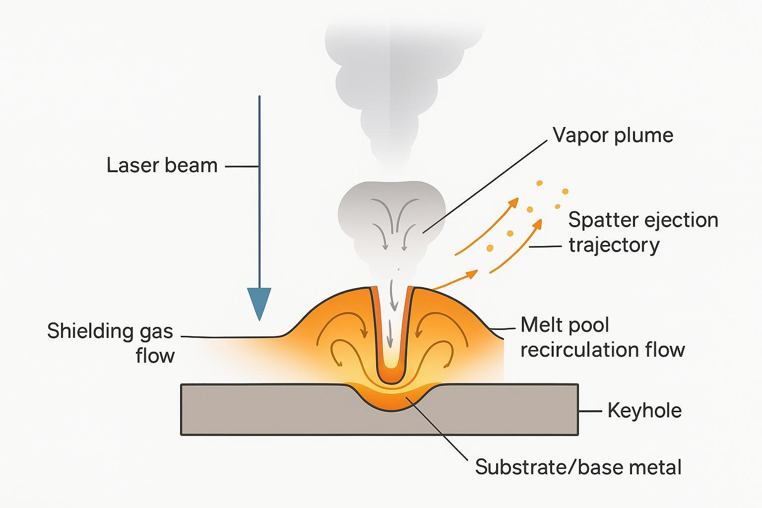 Annotated laser keyhole schematic showing recoil pressure, melt flow, vapor plume, shielding gas, and spatter ejection paths.