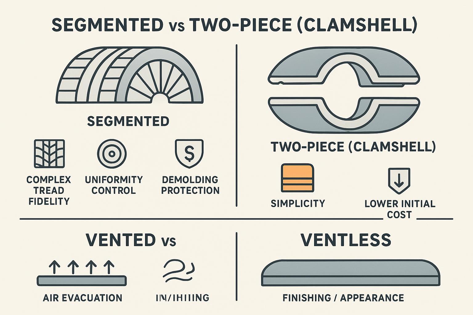 Infographic comparing segmented vs two-piece tire molds and vented vs ventless mold surfaces.