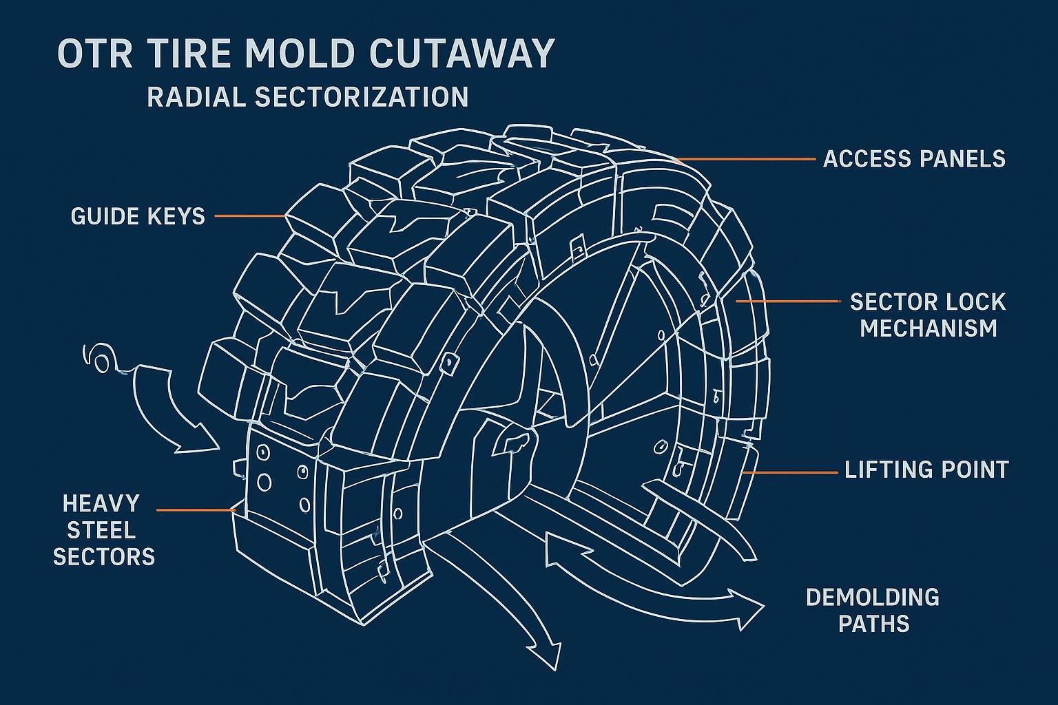 Schematic of an OTR tire mold with sectorized design, serviceable inserts, and demolding paths labeled.