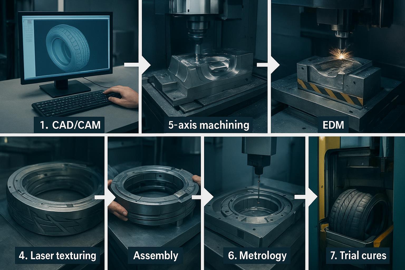 Photo-collage infographic of tire mold manufacturing stages with labeled overlays