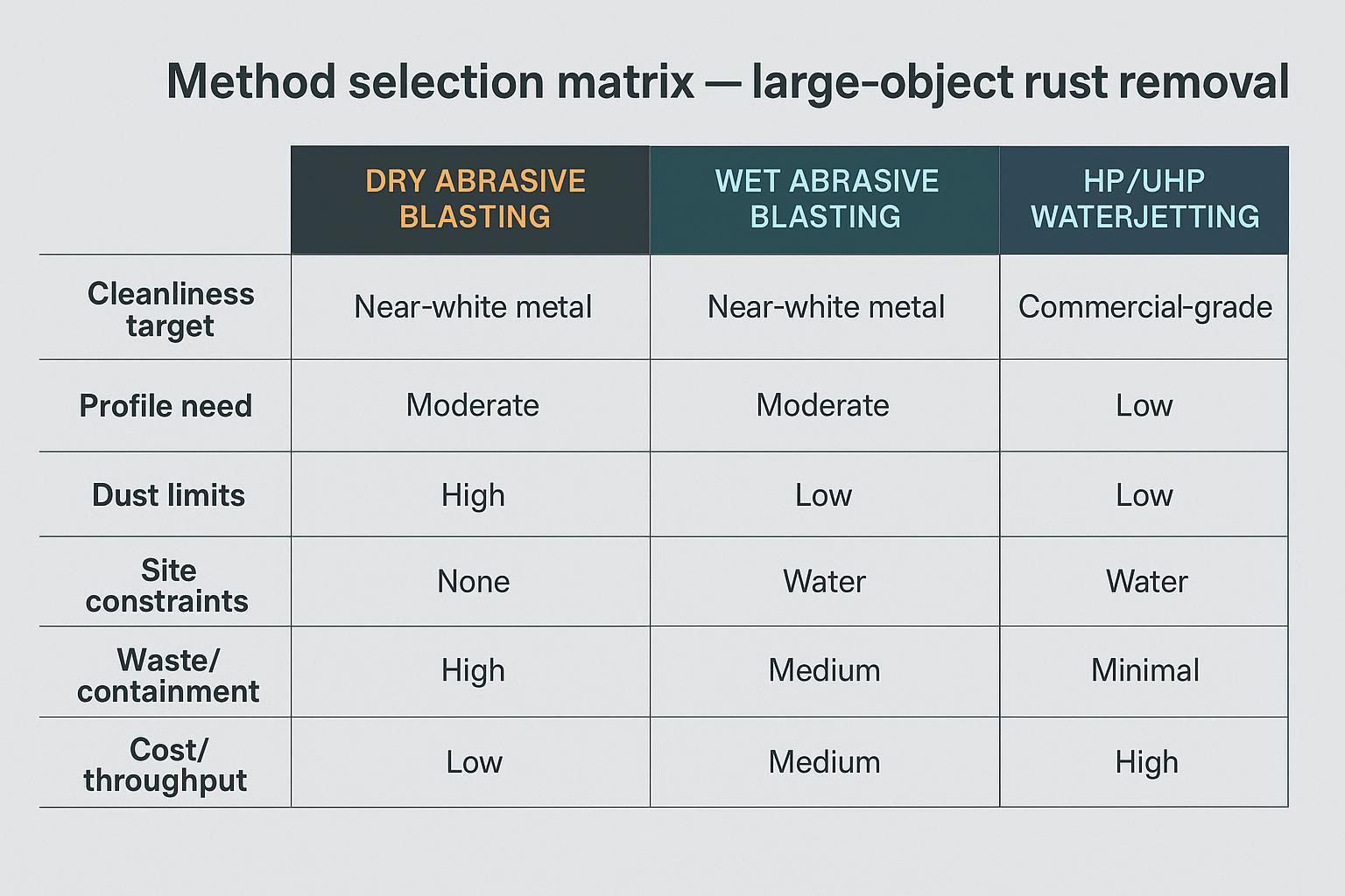 Decision matrix infographic comparing dry abrasive blasting, wet abrasive blasting, and HP/UHP waterjetting for large-object rust removal