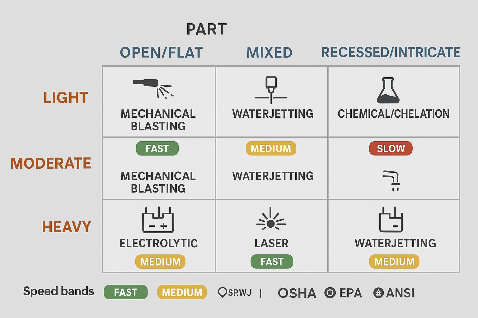 Decision matrix linking rust severity and geometry to the fastest compliant rust removal method.