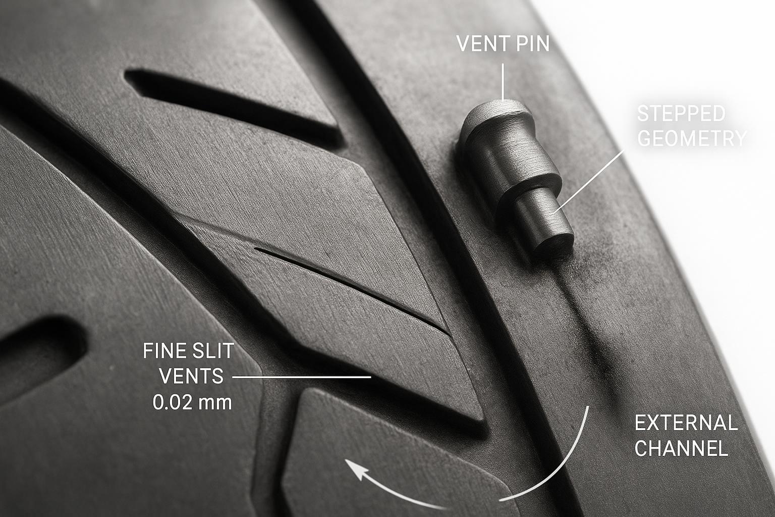 Macro view of micro-vents and a vent pin in a tire mold segment, showing airflow paths and typical clog points