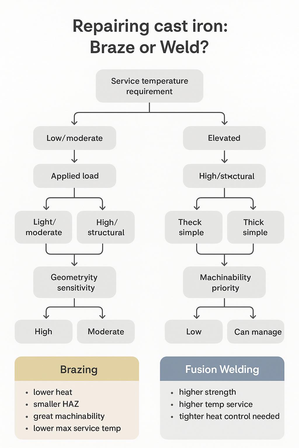 Infographic flowchart comparing brazing vs fusion welding for cast iron by service temperature, load, geometry, machinability, and cracking risk