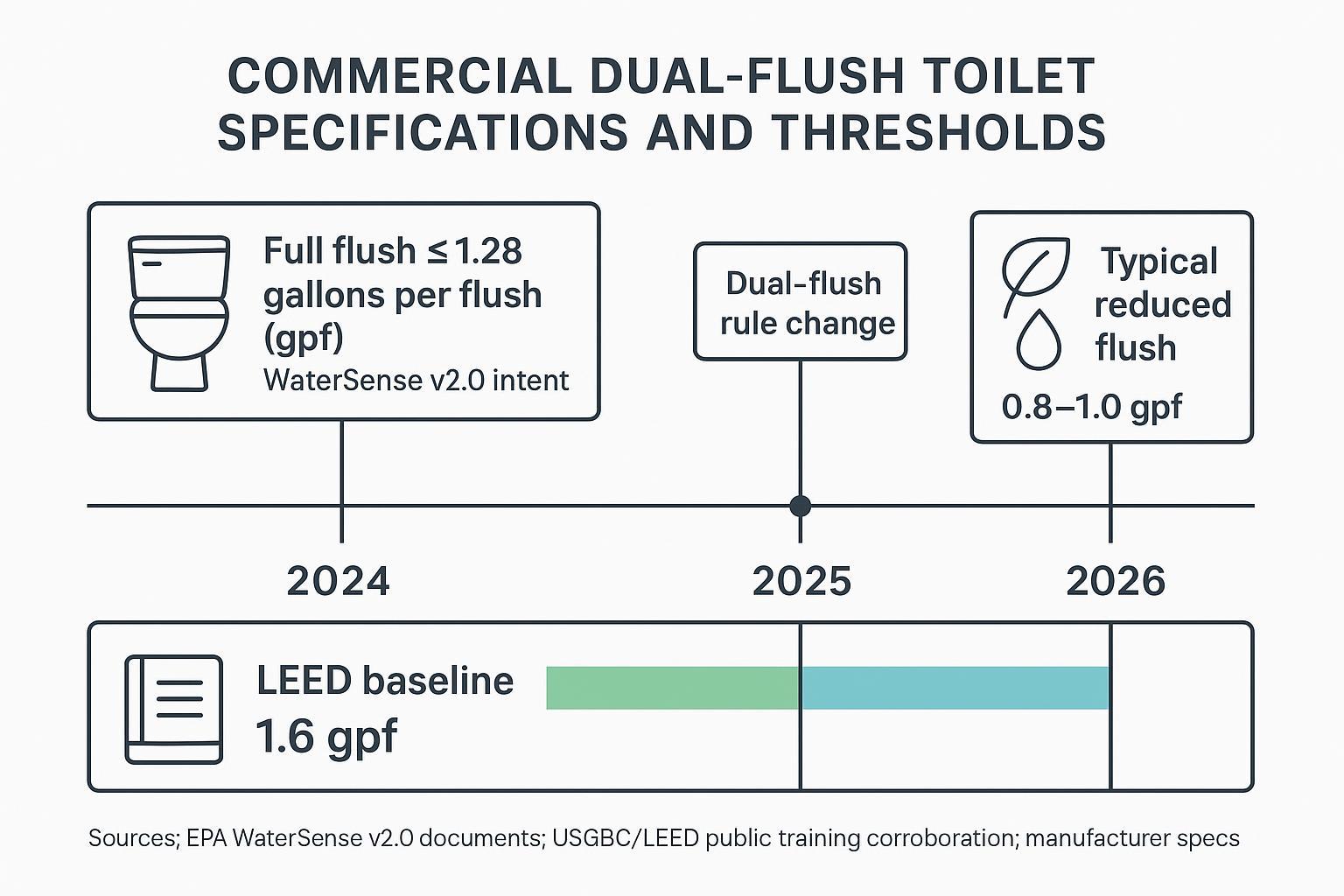 Infographic: timeline and thresholds for dual-flush specs showing ≤1.28 gpf full flush, 1.6 gpf LEED baseline, and 0.8–1.0 gpf reduced flush