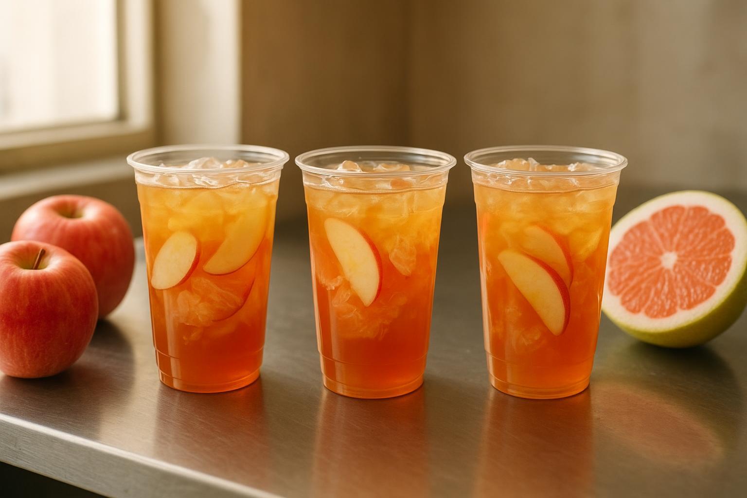 three identical 16 oz cups of apple pomelo tea at three different apple-to-pomelo ratios, lined up with small labels showing the ratio on each