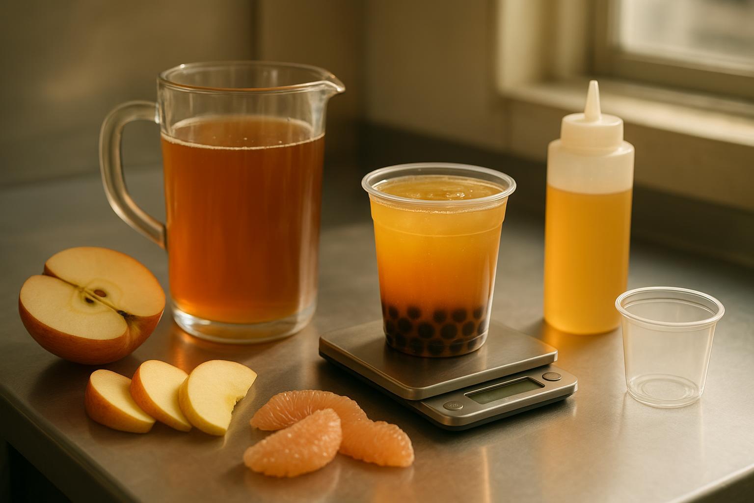 a boba shop prep counter laid out with a brewed tea pitcher, an apple component, a pomelo component, a syrup bottle, a 16 oz cup and a digital scale