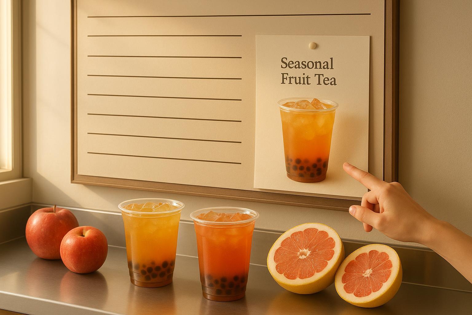 a boba shop menu board with a seasonal fruit tea listed in a temporary slot beside the permanent menu items