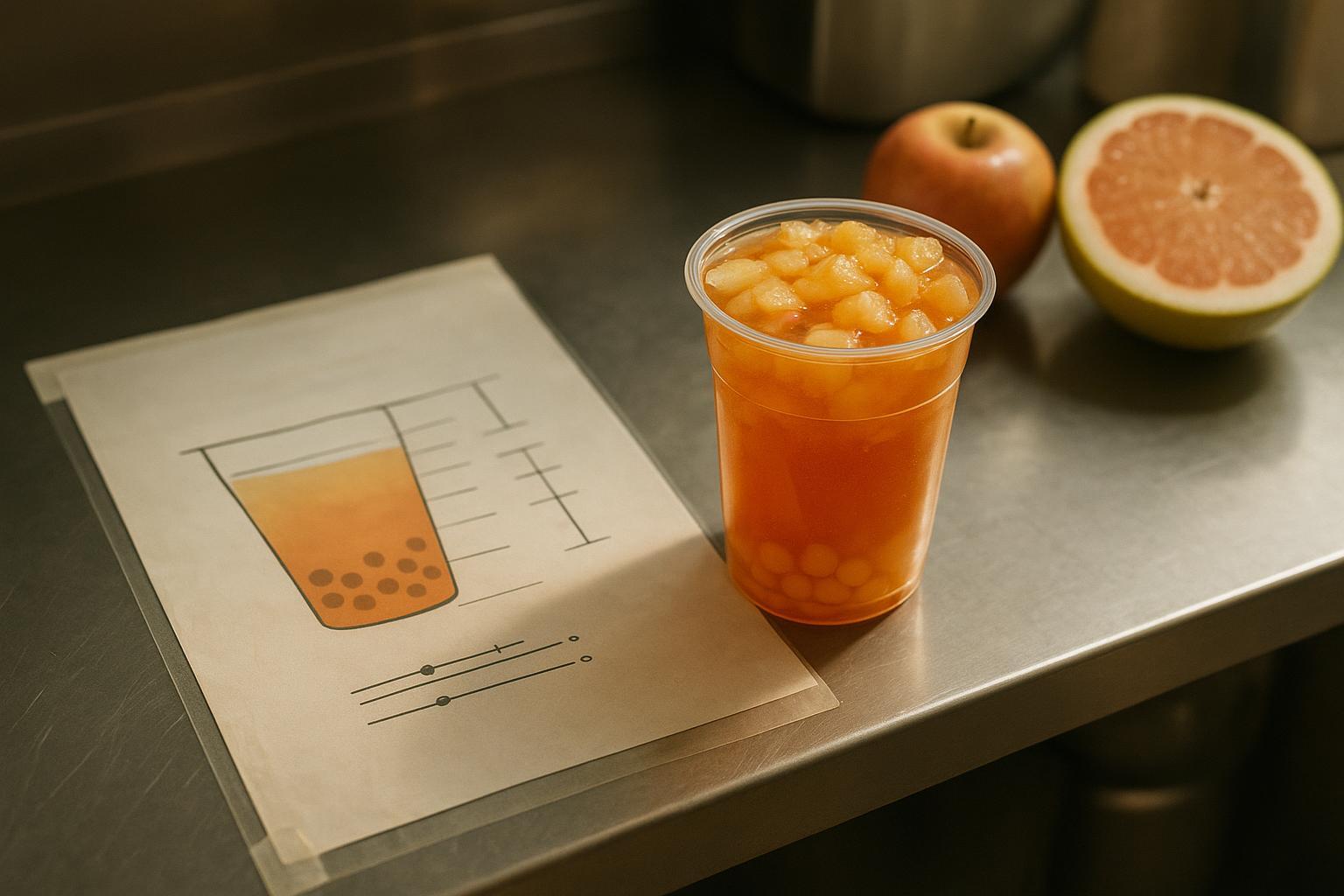 a laminated one-page spec sheet taped at a boba shop prep station showing the apple pomelo tea build, doses and topping weight