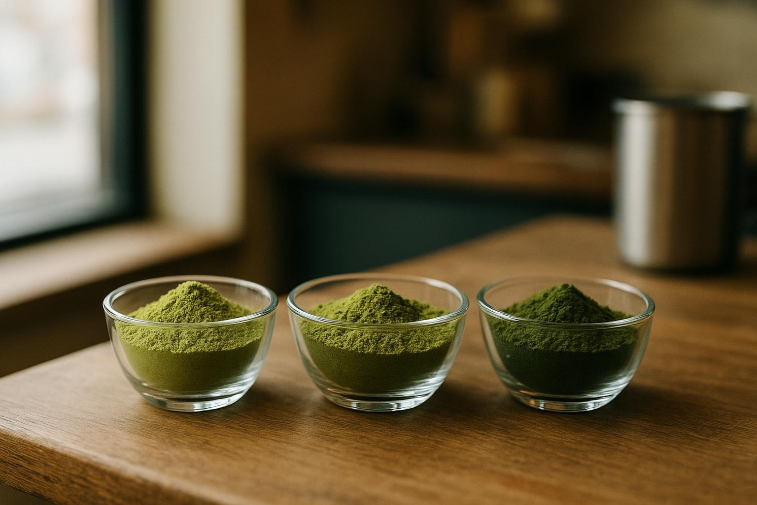 three small bowls of matcha powder side by side in visibly different shades of green, labelled by grade tier