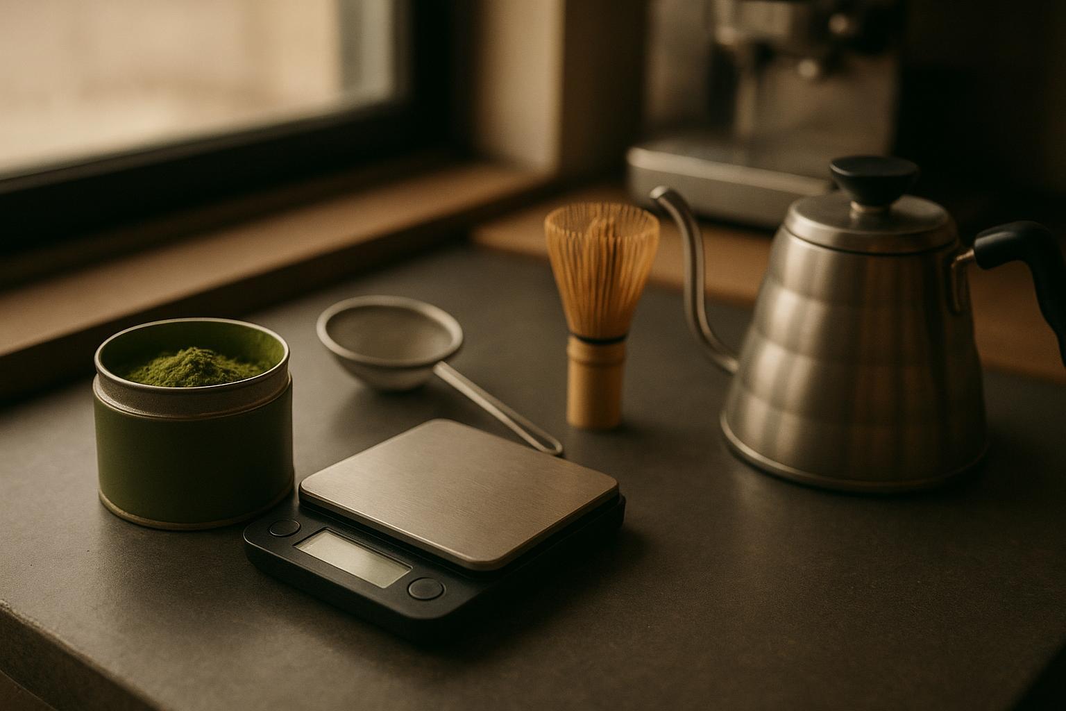 a café back-bar station laid out with a matcha tin, a gram scale, a sifter, a whisk, and a temperature-controlled kettle