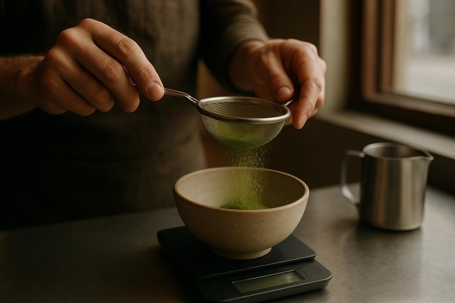 a barista sifting matcha powder through a fine mesh strainer into a bowl, with a gram scale visible in frame
