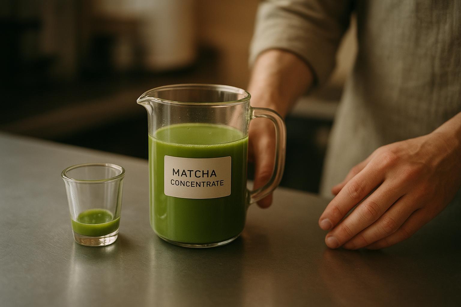 a labelled batch pitcher of pre-whisked matcha concentrate sitting beside a shot glass measure on a café counter