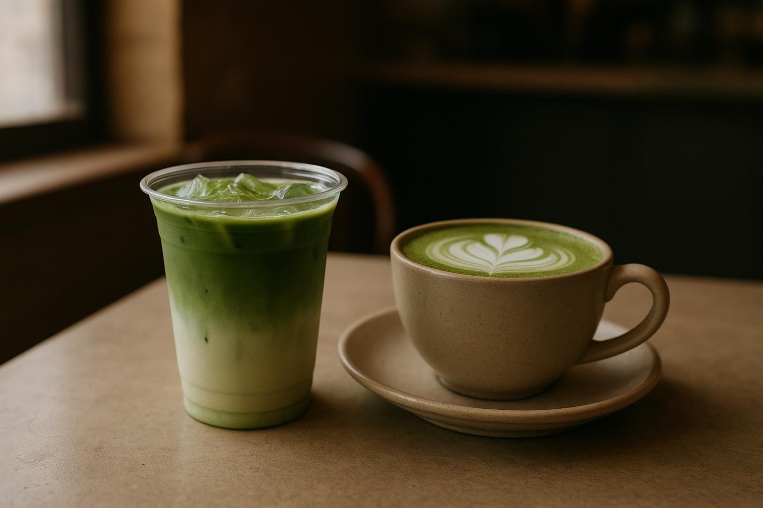 a finished iced matcha latte in a clear cup showing a distinct green-to-milk gradient, next to a hot matcha latte with latte art