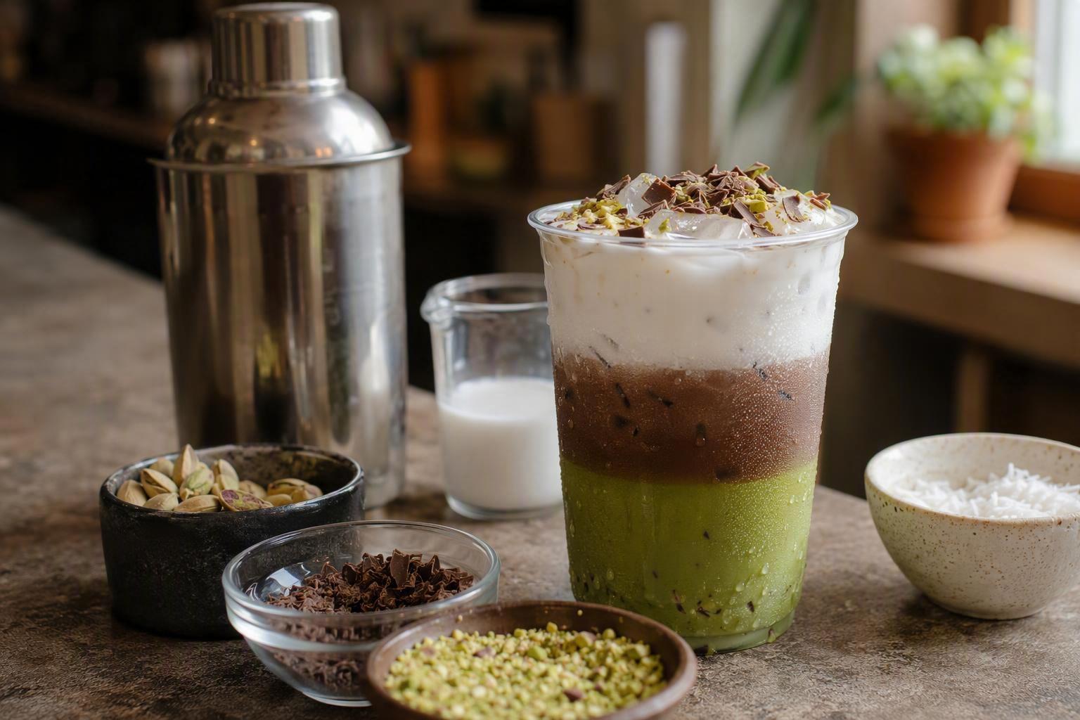 a finished 16 oz pistachio chocolate coconut drink in a clear cup showing the three distinct layers, with the shaker and measured ingredients beside i
