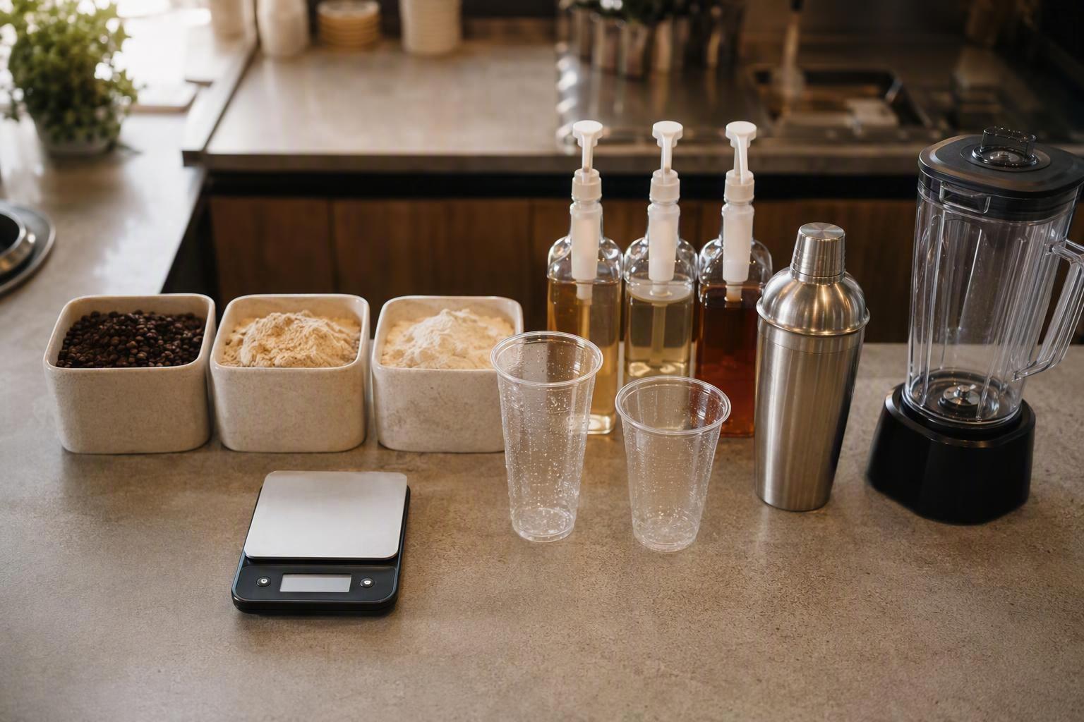 a bar counter laid out with the three ingredient layers in their chosen forms, a scale, pump set, shaker, blender and 16 oz and 22 oz cups