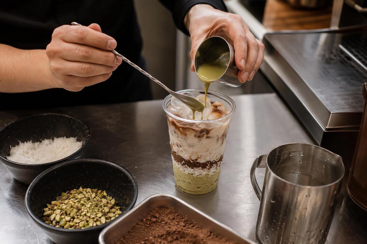 A finished pistachio chocolate coconut drink in a clear cup showing three distinct pistachio, chocolate and coconut layers on a café bar counter.