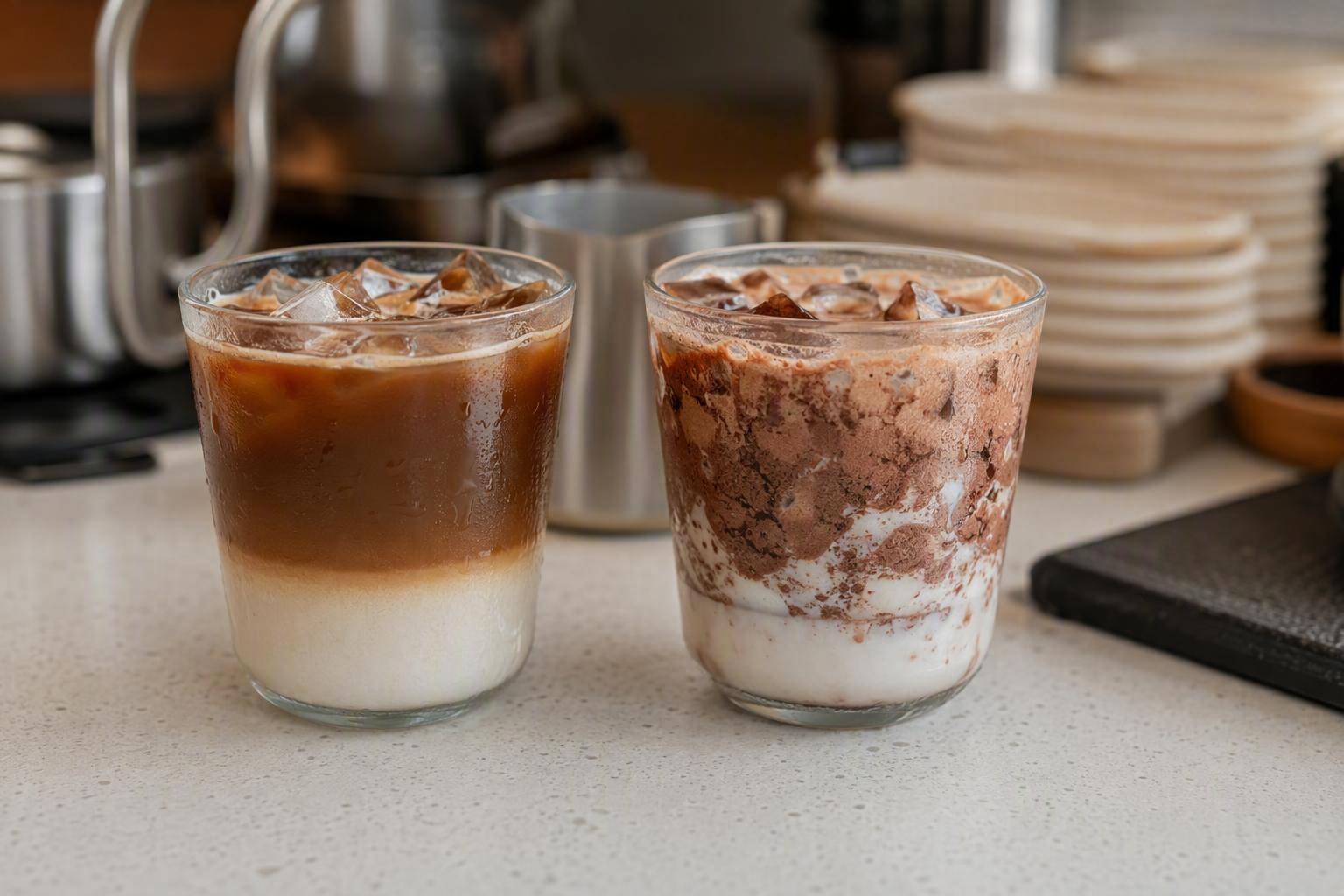 a side-by-side of a correctly built drink with clean layer separation next to a failed build with clumped cocoa and a broken coconut base