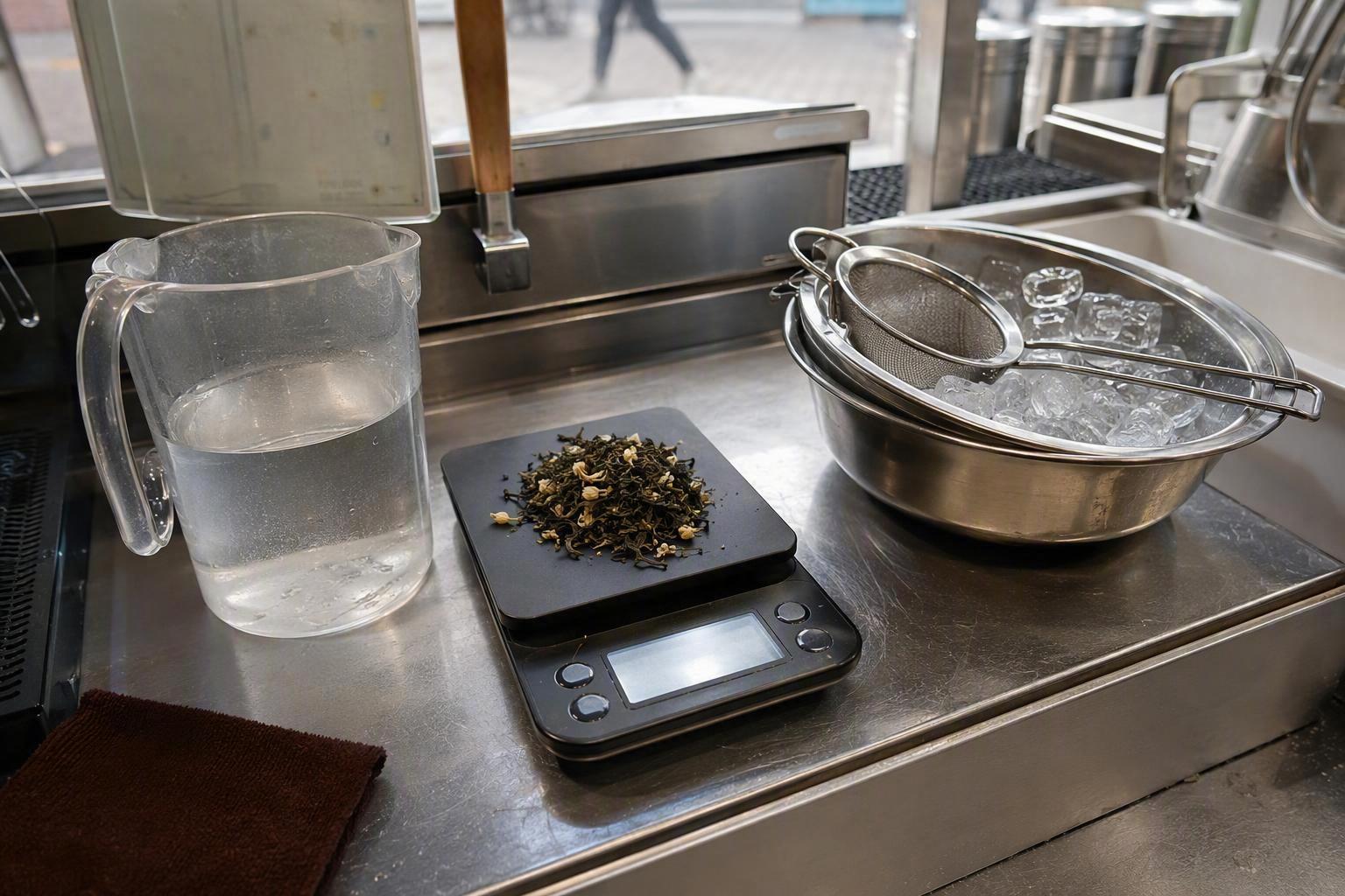 a batch tea brewing setup showing a scale with loose-leaf jasmine tea being weighed against a marked water volume, with the ice-shock vessel beside it