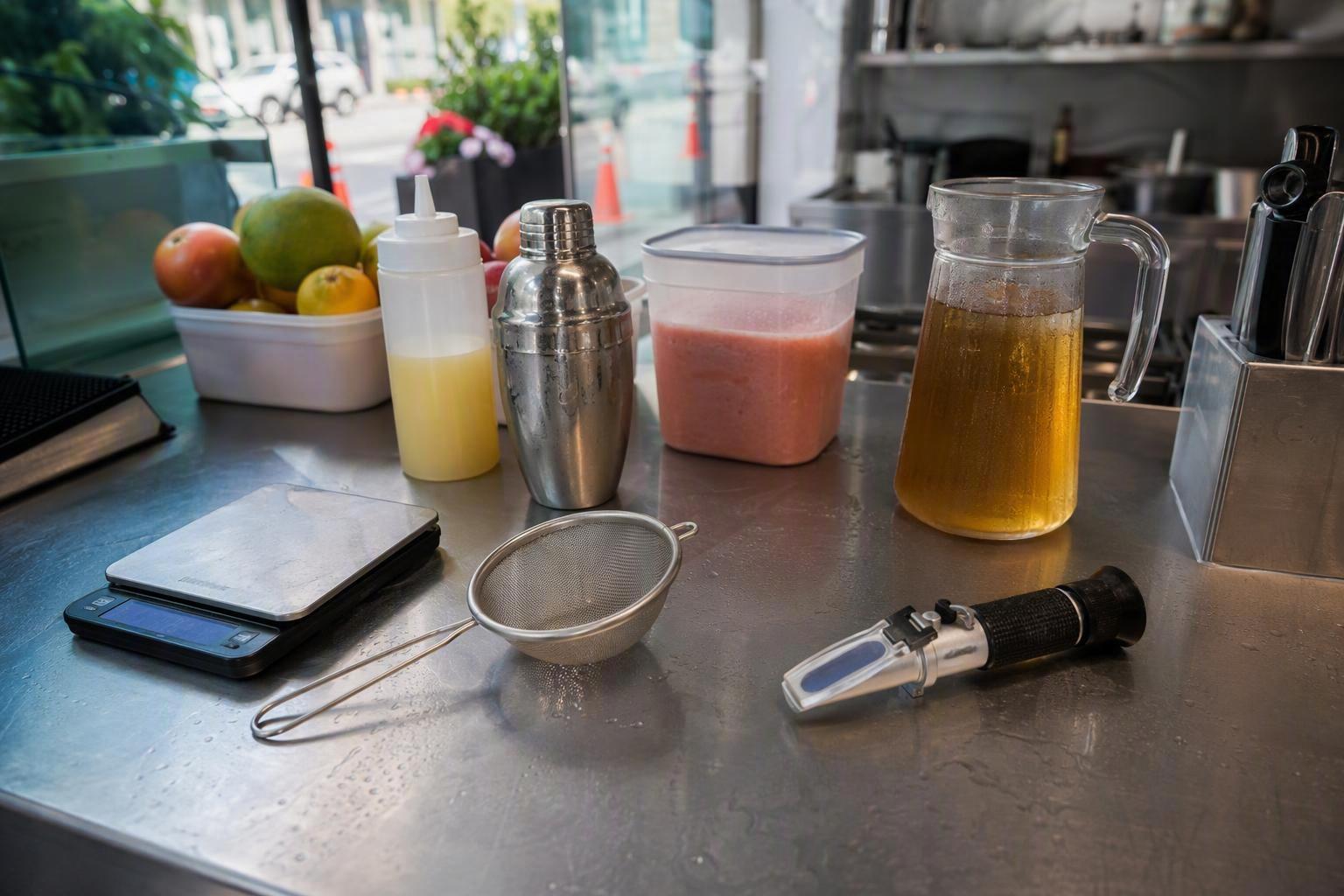 a counter-top mise en place for a boba shop fruit tea station: digital scale, shaker, strainer, refractometer, squeeze bottle of lemon juice, tub of g