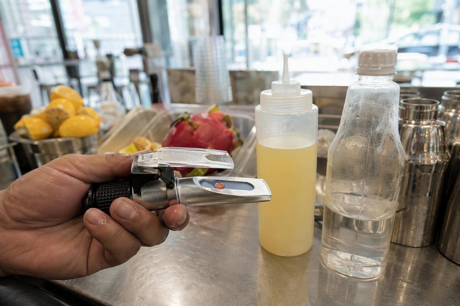a hand holding a refractometer up to the light with a drop of pale pink fruit tea on the prism, a squeeze bottle of lemon juice and a graduated fructo